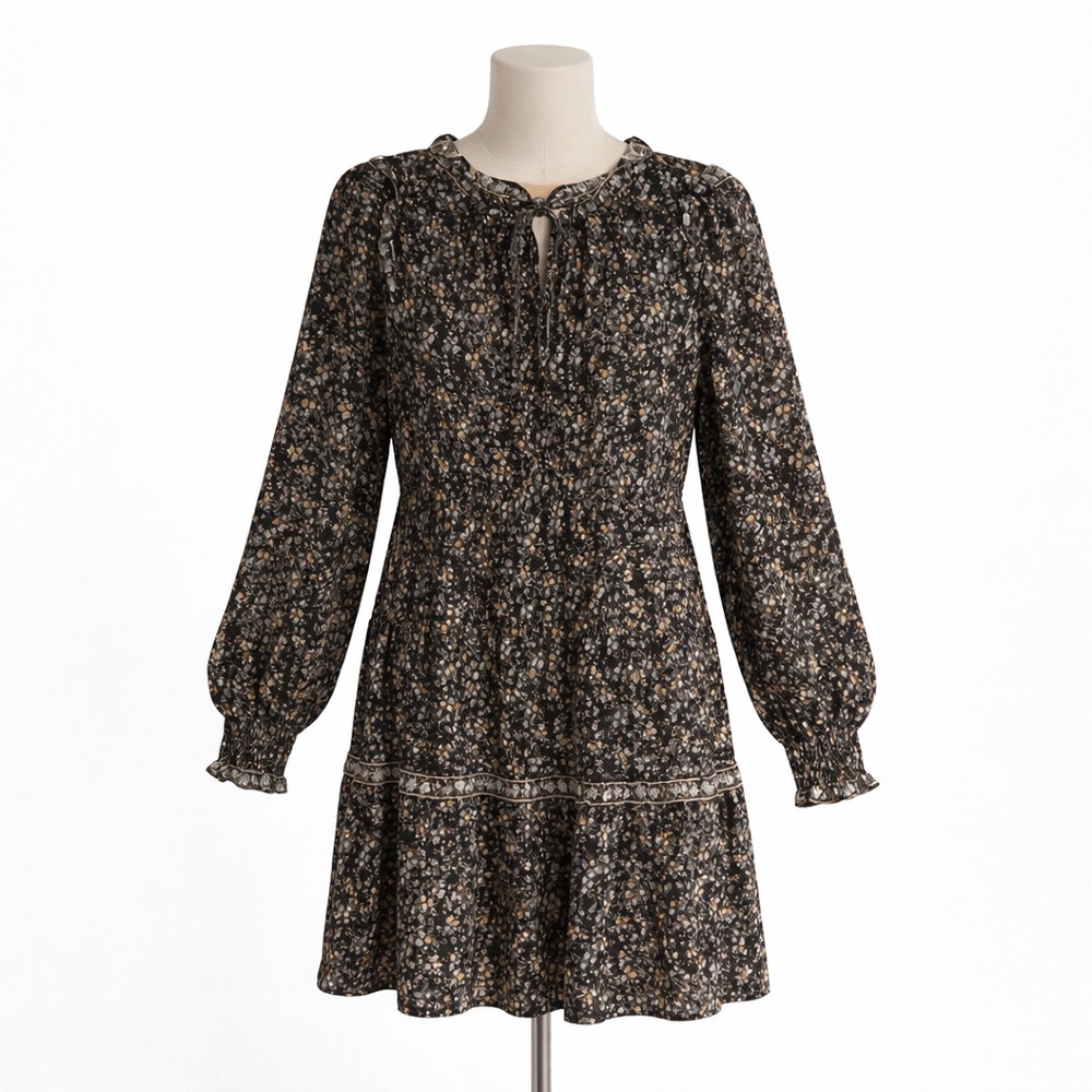 MAX STUDIO Cottagecore Prairie Boho Floral Tiered  Dress Black LS Sz M